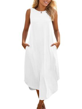 Women's White Casual Summer Sleeveless Dress Beach Sundress Split Long Dress